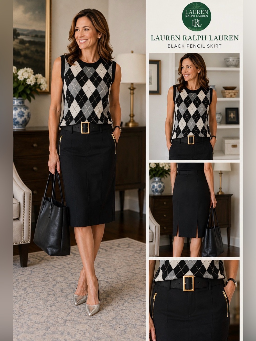 Lauren Ralph Lauren Black Pencil Skirt with Gold Belt — Size 8 — NWOT